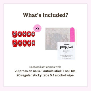 Image shows EyeCandys Spot the Difference Press-On Nails (2 sets of 20 red heart designs), sticky tabs, pink nail file, and alcohol prep pad—everything for a salon-style manicure at home. Text lists included items.