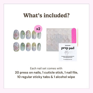 EyeCandys press on nails kit showing 20 reusable nails, cuticle stick, nail file, 10 sticky tabs, and alcohol wipe included in every set.