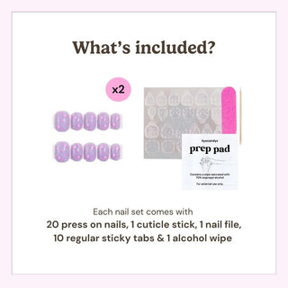 EyeCandys nail kit contents showing 20 press on nails, reusable adhesive tabs, cuticle stick, nail file, and alcohol wipe for complete manicure set.