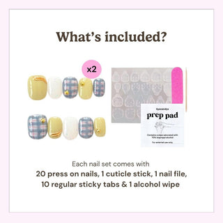 What’s included in the box: 20 press on nails, cuticle stick, nail file, 10 adhesive tabs, and alcohol wipe for easy at-home manicure application.