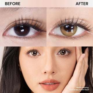 Close-up of model’s eyes with natural makeup and long lashes before and after wearing EyeCandys Sunlit Hazel prescription colored contact lens, showing subtle hazel transformation.