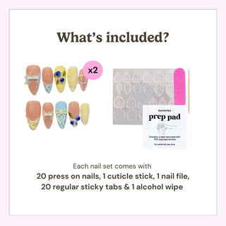Image features two Sweet n Tart Press-On Nails sets by EyeCandys, a sheet of adhesive tabs, pink nail file, cuticle stick, and alcohol prep pad. Text details all items included in the EyeCandys nail kit package.