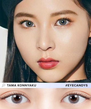 A close-up of a woman's face with light makeup, wearing N's Collection Tama Konnyaku Grey (10pk) contacts. Another close-up shows these lenses on different eyes. Text reads “N’s Collection” and “#EYECANDYS.”.