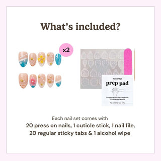 Image showing the contents of EyeCandys Tahiti Feeling Press-On Nails: 2 sets of reusable press-ons, a cuticle stick, pink nail file, sticky tabs, and alcohol pad—essentials for an easy salon gel manicure at home.