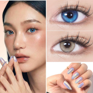 Model wearing EyeCandys Bunnie Jelly Blue and Doe Golden Brown colored contact lenses with EyeCandys gel nail stickers, close-up of eyes and hand nail design collage