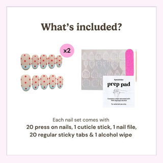 EyeCandys Unbothered Press-On Nails set includes 20 reusable red polka dot nails, a cuticle stick, nail file, 20 sticky tabs, and a prep pad for salon-quality gel manicures at home.