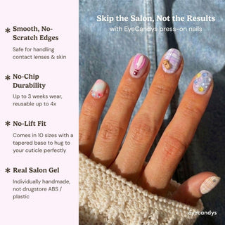 A hand with colorful, patterned Up Up & Away Press-On Nails by EyeCandys is shown. Text highlights smooth edges, no-chip durability, secure fit, and salon gel quality on a soft pink background with EyeCandys branding.