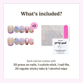 Image displays EyeCandys Up Up & Away Press-On Nails set: two sets of colorful handmade nails, sticky tabs, pink nail file, and alcohol pad. Text lists all items for a salon-quality gel manicure at home.