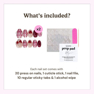 Press on nails manicure kit essentials featuring 20 nails, 10 adhesive tabs, nail file, cuticle stick, and alcohol prep wipe included in the box.