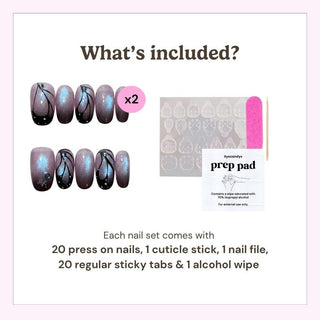 Image shows two sets of EyeCandys Wing Woman Press-On Nails featuring a purple metallic finish, black designs, and a silver butterfly charm. Also included: cuticle stick, pink nail file, sticky tabs, and alcohol pad for salon results at home.