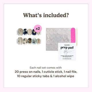 What’s included in the box: 20 press on nails, cuticle stick, nail file, 10 adhesive tabs, and alcohol wipe for easy at-home manicure application.