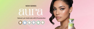 EyeCandys Aura colored contact lens collection featuring a model wearing Aura lenses with various lens shades displayed for comparison.