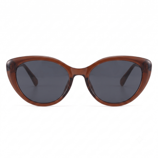 Front view of EyeCandys Bardot Cat Eye glasses: stylish cat-eye frames in glossy brown with dark lenses, showcased against a plain white background.