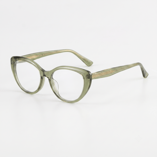 EyeCandys Bardot Cat Eye Matcha clear lens glasses model shot featuring stylish matcha green cat-eye frames with non-prescription clear lenses, trendy women's fashion eyewear for everyday wear, office style, blue light fashion frames, and modern minimalist looks.