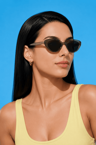 EyeCandys Bardot Cat Eye Matcha sunglasses model shot featuring stylish matcha green cat-eye sunglasses with UV protection, trendy women's fashion eyewear, designer-inspired shades for everyday wear, summer outfits, travel, street style, and modern luxury fashion.