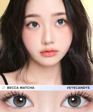 A young woman with long dark hair and natural makeup looks upward, showcasing her i-Girl One Pick Becca Matcha Blue contacts by i-Girl in a close-up labeled “Becca Matcha #EyeCandys.” Her lips are glossy and freckles visible.