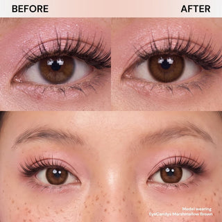 Close-up comparison of a brown eye before and after wearing EyeCandys Pink Label Marshmallow Brown contacts. Enhanced color and detail are highlighted with pink eye makeup and freckles, showcasing these natural, everyday lenses.