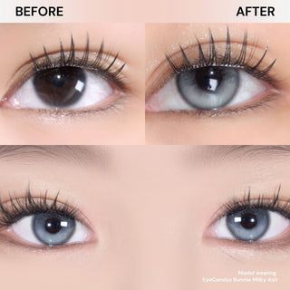 Close-up comparison of natural brown eyes before and after wearing EyeCandys Bunnie Milky Ash Grey contact lens, showing a dramatic transformation to a glowy, stunning ash grey shade.