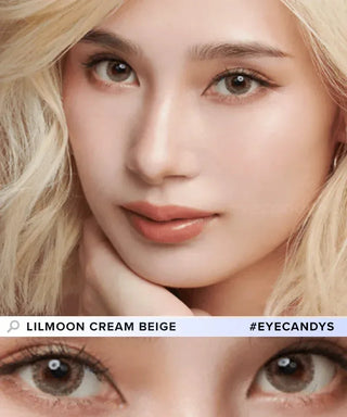 Comparison image of a woman's natural dark eye color and with Lilmoon 1-Day Cream Beige (10pk) Japanese colored contacts, available in prescription.