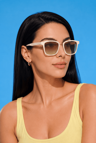 EyeCandys Bon Voyage Square sunglasses model shot featuring stylish square sunglasses with UV protection, trendy women's fashion eyewear, designer-inspired shades for everyday wear, summer outfits, vacation, travel, street style, and modern luxury fashion.