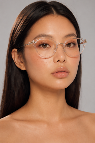 EyeCandys Bonbon Cat-Eye clear lens glasses model shot featuring stylish cat-eye frames with non-prescription clear lenses, trendy women's fashion eyewear, blue light style glasses for everyday wear, office outfits, minimalist fashion, and chic modern looks.