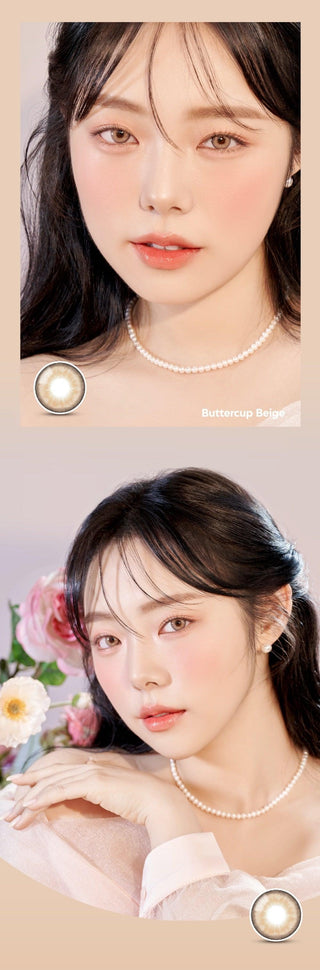A close-up of a model demonstrating a natural makeup look with Ann365 Buttercup Beige circle colour contacts, highlighting how well the contact lenses blend with her dark eyes.