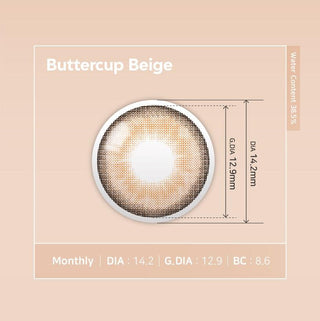 A close-up of a model demonstrating a natural makeup look with Ann365 Buttercup Beige circle colour contacts, highlighting how well the contact lenses blend with her dark eyes.