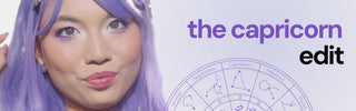 Model with purple hair wearing EyeCandys Powerglow Bluish Purple colored contact lens for Capricorn, bold bluish purple eye color with mystical zodiac-inspired aesthetic and striking look