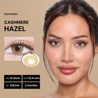 Model wearing Eyecandys Cashmere Hazel prescription colored contact lenses with warm hazel eye enhancement