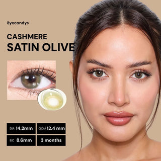 Model wearing Eyecandys Cashmere Satin Olive prescription colored contact lenses with natural olive green eye color enhancement
