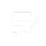 White icon of a document with lines representing text and a signature at the bottom, next to a pen, on a light gray background.
