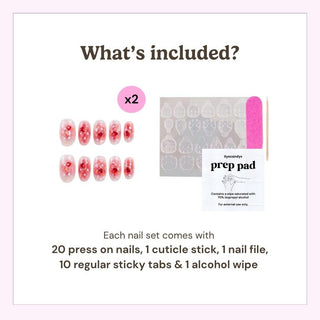 What’s included in the box: 20 press on nails, cuticle stick, nail file, 10 adhesive tabs, and alcohol wipe for easy at-home manicure application.
