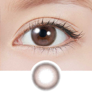 A close-up of a brown eye with long lashes wearing Topards 1-Day Cream Rose (10pk) by Topards. Below, an enlarged lens shows its brown gradient design, offering stylish everyday comfort and UV protection.