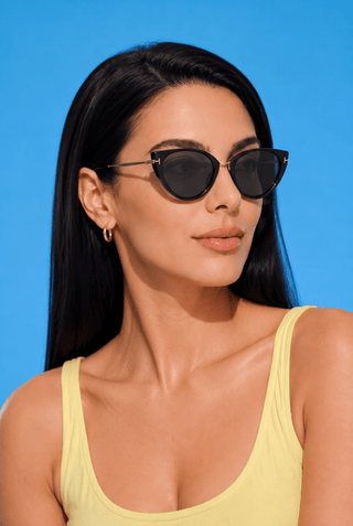 EyeCandys Cyprus Cat Eye sunglasses model shot featuring elegant cat-eye sunglasses with UV protection, trendy women's fashion eyewear, designer-inspired shades for everyday wear, summer outfits, vacation, street style, luxury fashion, and timeless chic looks.