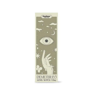 A box of Gemhour Demeter 1-Day 13.5 Olive Green (10pk) contacts by Gemhour, with abstract art of a hand reaching for a large eye among stars and clouds; includes 10 daily disposable lenses.