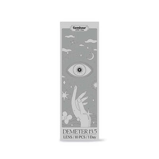 The Gemhour Demeter 1-Day 13.0 Pebble Grey (10pk) package features grayscale art with a large eye, stars, clouds, and an upward-pointing hand—evoking the product's whimsical style for daily disposable color contact lens users.