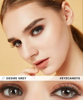 Angled profile view of a female model with brown eyes wearing the desire mist grey contact lens, with a close up eye shot below wearing the same grey lens