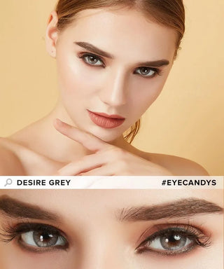 Angled profile view of a female model with brown eyes wearing the desire mist grey contact lens, with a close up eye shot below wearing the same grey lens