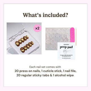 Reusable press on nails kit by EyeCandys including 20 nails, nail file, cuticle stick, alcohol wipe, and 10 sticky tabs for secure application.