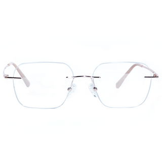The EyeCandys Dusk Rimless Rectangular features minimalist, thin silver metal frames, large rectangular lenses, and temples with a subtle beige tint, all viewed from the front against a white background.