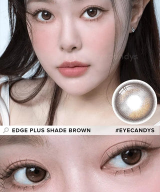 Model showcasing the natural look using i-Sha Oriana Edge Plus Shade Brown prescription colored contact lenses, above a closeup of a pair of eyes enhanced and widened by the circle lenses.