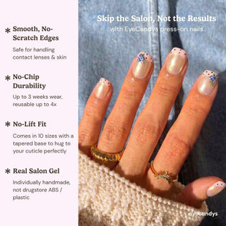 Detailed view of Eyecandys Berry French press-on nails highlighting hand-painted blueberry clusters, green leaves, pastel pink French tips, and black pin dot accents.