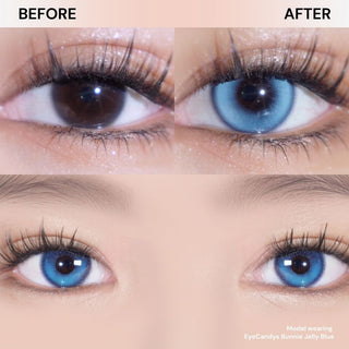 Before and after comparison of eyes wearing EyeCandys Bunnie Jelly Blue prescription colored contact lenses, natural look with realistic blue eye enhancement