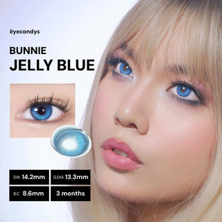 Close-up of model’s face wearing EyeCandys Bunnie Jelly Blue prescription colored contact lenses, natural makeup look, realistic blue eye enhancement