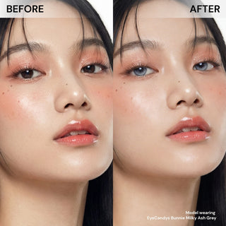 Split image of a woman's face: left shows her natural brown eyes, right displays EyeCandys Bunnie Milky Ash Grey contacts by EyeCandys with a glowy light grey-blue design.