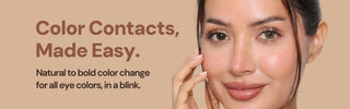Model wearing EyeCandys Cashmere Hazel prescription colored contact lenses showing natural hazel enhancement, soft color blending, and realistic eye enlargement effect for everyday wear