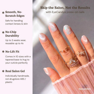 Detailed view of Eyecandys Champagne Toast press-on nails highlighting iridescent abalone flakes, sheer pink accent nails, silver glitter, and a pearlescent cat-eye finish.