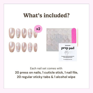 Eyecandys press-on nail kit contents including 20 reusable press-on nails, 20 adhesive sticky tabs, a nail file, a cuticle stick, and an alcohol wipe for easy at-home application.
