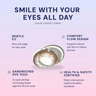 Macro shot of EyeCandys Shade colored contact lens – gentle fit, Comfort Flow design, sandwiched dye technology, and health & safety certified