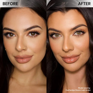 Model face before and after wearing EyeCandys Desire Lush Green prescription color contacts for bright, natural-looking green eyes.